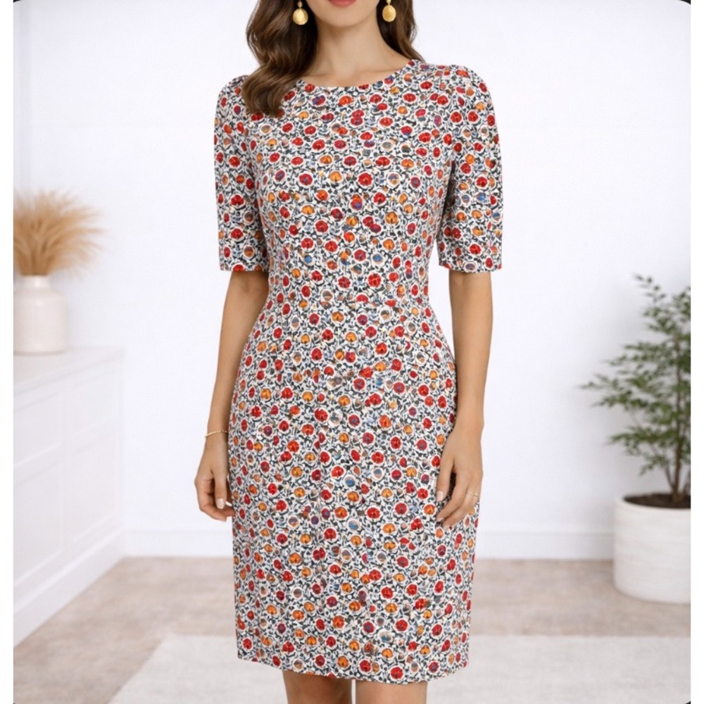 Boden Floral Sheath Dress Sz 4L Multicolor Cotton Puff Sleeve D0607 Cottagecore